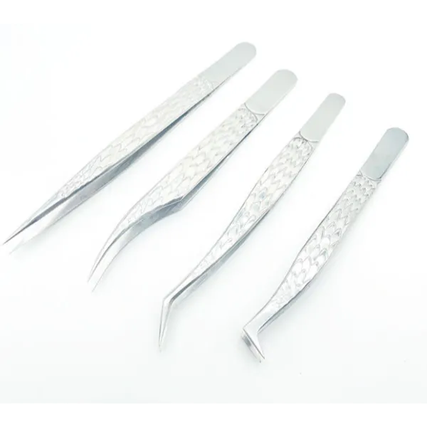 Eyelash extension tweezers 3D curved patterned Silver